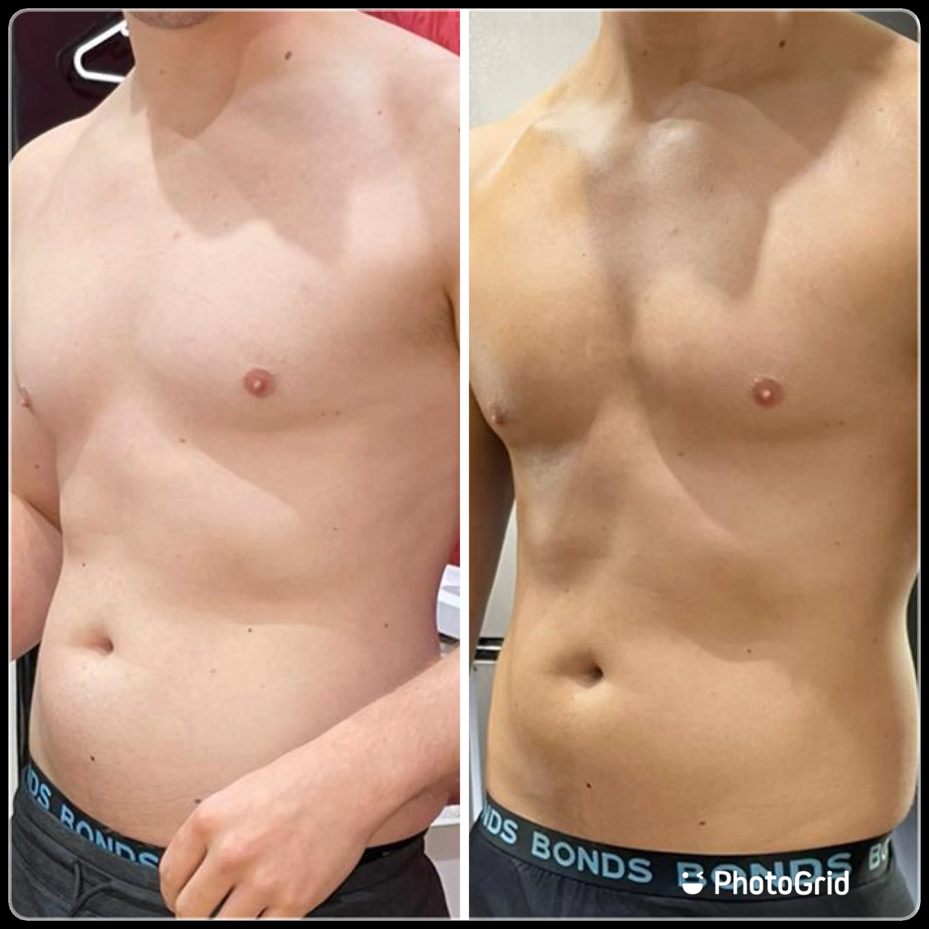 Before and after spray tan — a male client's torso untanned at left, evenly bronzed at right
