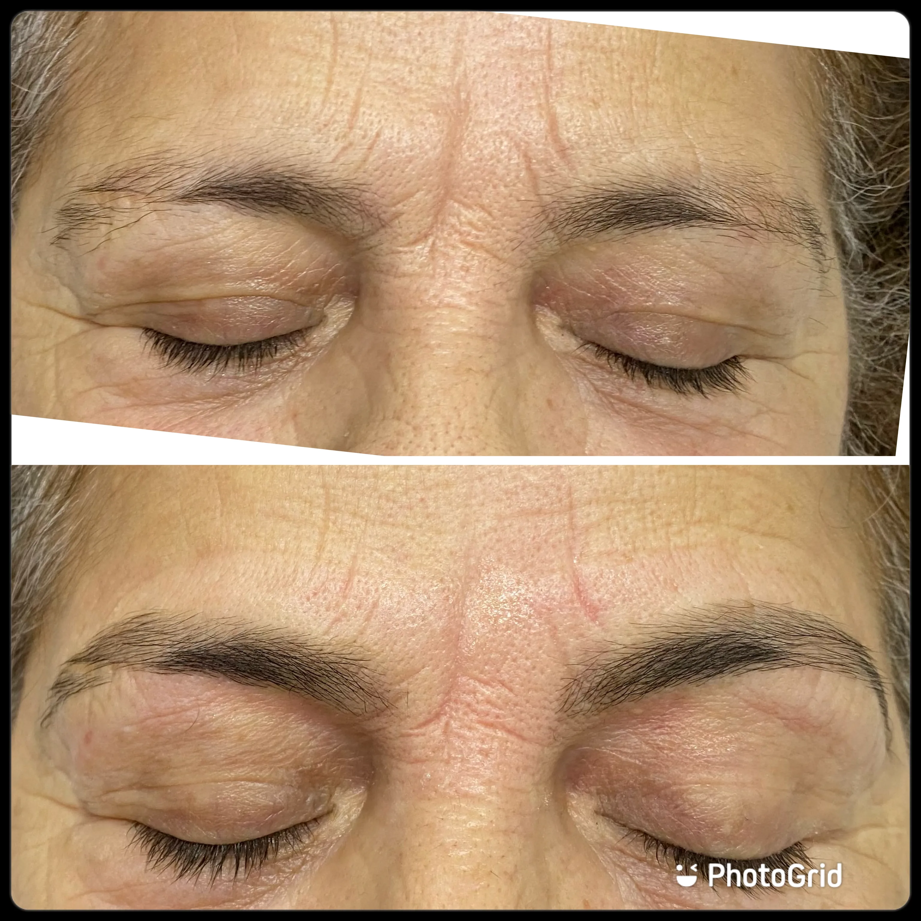 Before and after brow shaping — unshaped brows above, precisely defined brows below